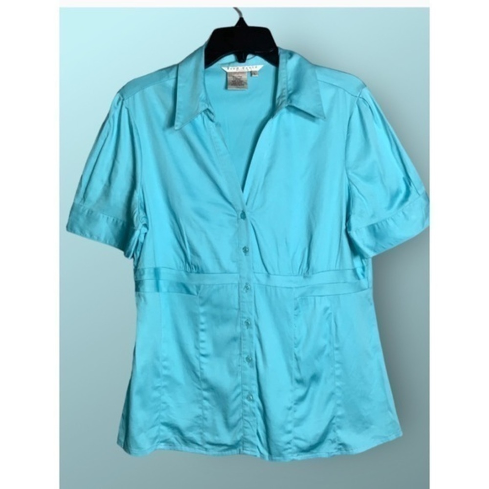 Fred David Turquoise Blue Cotton Short Puff Sleeve Button Front Shirt L